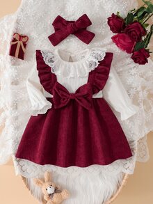 SHEIN Lace Round Neck Long Sleeved Patchwork Wine Red Ribbed Cap Sleeve Cinched Waist 2 In 1 Dress Headband Fall Christmas All White Burgundy Angel - Burgundy - View 4