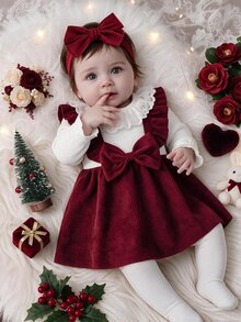 SHEIN Lace Round Neck Long Sleeved Patchwork Wine Red Ribbed Cap Sleeve Cinched Waist 2 In 1 Dress Headband Fall Christmas All White Burgundy Angel - Burgundy - View 6