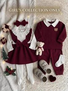 SHEIN Lace Round Neck Long Sleeved Patchwork Wine Red Ribbed Cap Sleeve Cinched Waist 2 In 1 Dress Headband Fall Christmas All White Burgundy Angel - Burgundy - View 2