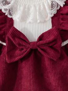 SHEIN Lace Round Neck Long Sleeved Patchwork Wine Red Ribbed Cap Sleeve Cinched Waist 2 In 1 Dress Headband Fall Christmas All White Burgundy Angel - Burgundy - View 11