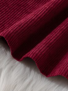 SHEIN Lace Round Neck Long Sleeved Patchwork Wine Red Ribbed Cap Sleeve Cinched Waist 2 In 1 Dress Headband Fall Christmas All White Burgundy Angel - Burgundy - View 9