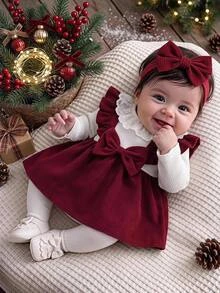 SHEIN Lace Round Neck Long Sleeved Patchwork Wine Red Ribbed Cap Sleeve Cinched Waist 2 In 1 Dress Headband Fall Christmas All White Burgundy Angel - Burgundy - View 3