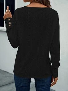 SHEIN 女款時尚鏤空V領長袖百搭T恤 - 黑色 - 查看 2
