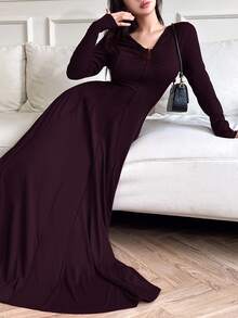 Feyla Women's Elegant Solid Color Waist Cinched Dress, Autumn - Purple - View 6