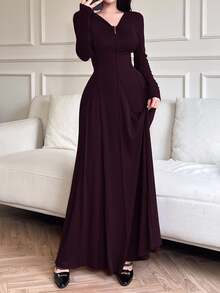 Feyla Women's Elegant Solid Color Waist Cinched Dress, Autumn - Purple - View 5