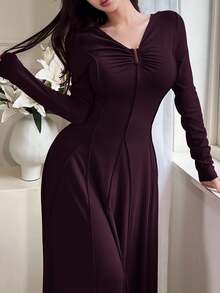 Feyla Women's Elegant Solid Color Waist Cinched Dress, Autumn - Purple - View 2