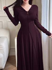 Feyla Women's Elegant Solid Color Waist Cinched Dress, Autumn - Purple - View 3