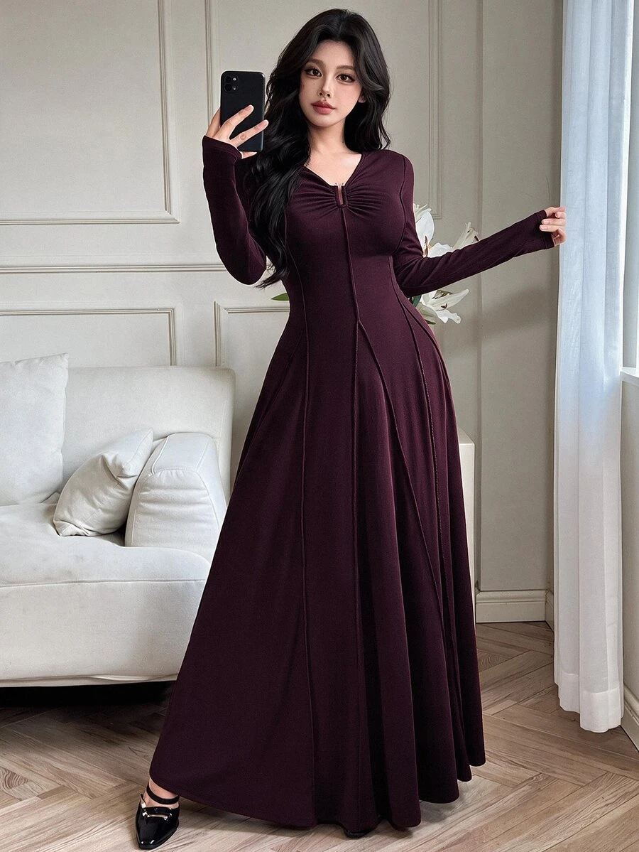 Feyla Women's Elegant Solid Color Waist Cinched Dress, Autumn - Purple - View 1