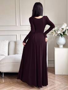 Feyla Women's Elegant Solid Color Waist Cinched Dress, Autumn - Purple - View 7