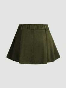 Calvaya Plus Size Women High Waist Black Pleated A-Line Mini Skirt With Safety Shorts - Army Green - View 2
