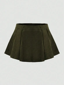 Calvaya Plus Size Women High Waist Black Pleated A-Line Mini Skirt With Safety Shorts - Army Green - View 6