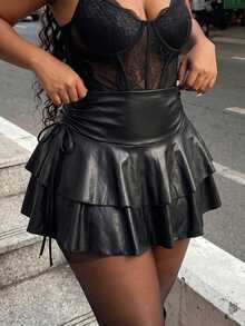 SHEIN SXY Women's Black Winter Satin Seksi Chic Night Out PU Coated Drawstring Waist Layered Ruffle Hem Mini Skirt, Street Style Music Festival Club Outfits - Black - View 1