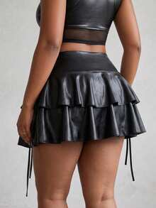 SHEIN SXY Women's Black Winter Satin Seksi Chic Night Out PU Coated Drawstring Waist Layered Ruffle Hem Mini Skirt, Street Style Music Festival Club Outfits - Black - View 2