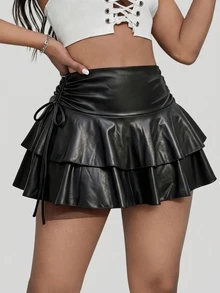 SHEIN SXY Women's Black Winter Satin Seksi Chic Night Out PU Coated Drawstring Waist Layered Ruffle Hem Mini Skirt, Street Style Music Festival Club Outfits - Black - View 5