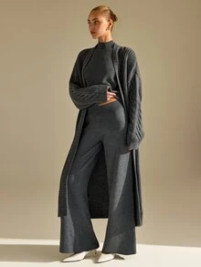 CLARA VERO Grey Three Pieces Knit Cardigan Pant Set, Office Street Or Travel, Rib Half Turtleneck - Grey - View 4