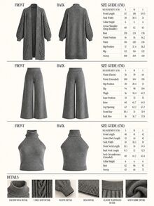 CLARA VERO Grey Three Pieces Knit Cardigan Pant Set, Office Street Or Travel, Rib Half Turtleneck - Grey - View 11