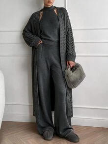 CLARA VERO Grey Three Pieces Knit Cardigan Pant Set, Office Street Or Travel, Rib Half Turtleneck - Grey - View 1