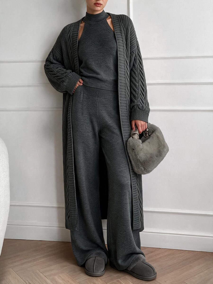 CLARA VERO Grey Three Pieces Knit Cardigan Pant Set, Office Street Or Travel, Rib Half Turtleneck - Grey - View 1