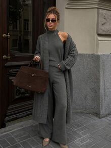 CLARA VERO Grey Three Pieces Knit Cardigan Pant Set, Office Street Or Travel, Rib Half Turtleneck - Grey - View 3