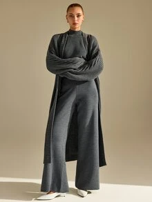 CLARA VERO Grey Three Pieces Knit Cardigan Pant Set, Office Street Or Travel, Rib Half Turtleneck - Grey - View 5