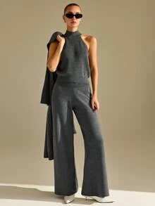 CLARA VERO Grey Three Pieces Knit Cardigan Pant Set, Office Street Or Travel, Rib Half Turtleneck - Grey - View 9