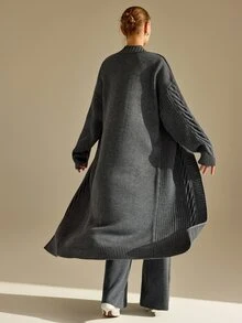 CLARA VERO Grey Three Pieces Knit Cardigan Pant Set, Office Street Or Travel, Rib Half Turtleneck - Grey - View 2