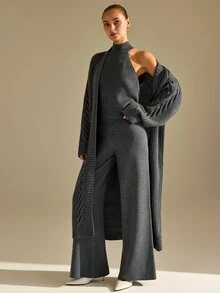 CLARA VERO Grey Three Pieces Knit Cardigan Pant Set, Office Street Or Travel, Rib Half Turtleneck - Grey - View 6
