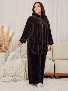 Lacomfia طقم نسائي من قطعتين من المخمل الفضفاض الأنيق متعدد الاستخدامات للخريف/الشتاء بلون القهوة مقاسات كبيرة - قهوة بني - مشاهدة 3