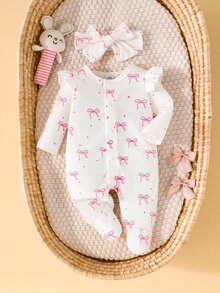 SHEIN 新生兒 1件 白色圓領長袖寬鬆蝴蝶結連身衣，前開扣與拉鍊設計，可愛秋冬款 - 白色 - 查看 4