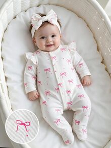 SHEIN 新生兒 1件 白色圓領長袖寬鬆蝴蝶結連身衣，前開扣與拉鍊設計，可愛秋冬款 - 白色 - 查看 2