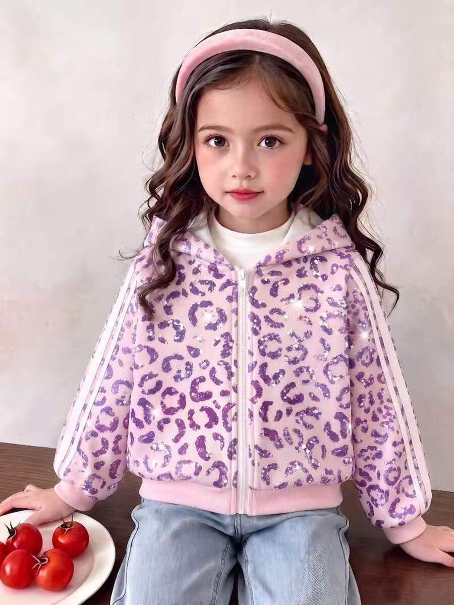 Girls' Cute Pink Purple Shiny Leopard Print Front Zip Hooded Jacket, Y2K Glitter Leopard Fleece Sweatshirt For Fall, Winter Gifts Birthday - Multicolor - View 1