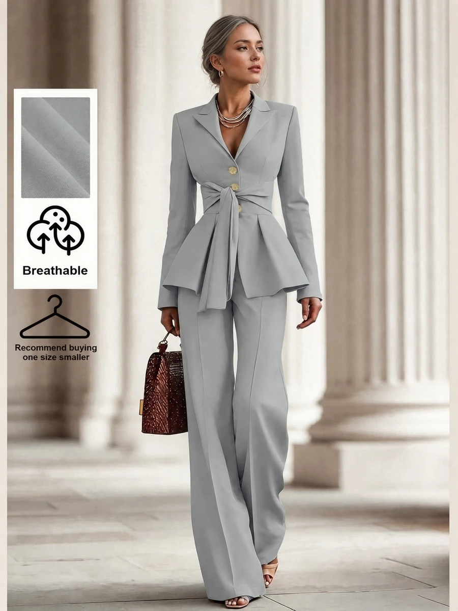 SHEIN Women's Solid Color Mottled Lapel Long Sleeve Knotted Waist Jacket And Pants Elegant Suit Set