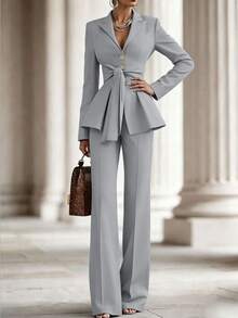 SHEIN Women's Solid Color Mottled Lapel Long Sleeve Knotted Waist Jacket And Pants Elegant Suit Set - Light Grey - View 6