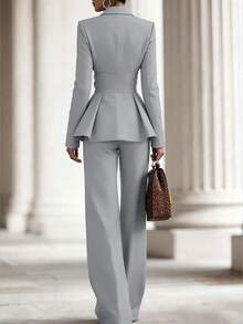 SHEIN Women's Solid Color Mottled Lapel Long Sleeve Knotted Waist Jacket And Pants Elegant Suit Set - Light Grey - View 3