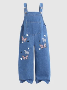 SHEIN Tween Girls Blue Denim Butterfly Print Overalls, Wide Leg Jean Jumpsuit, Suitable For All Seasons & Christmas Holiday - Blue - View 8