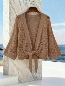 SHEIN 女款夏季純色鏤空3/4袖打結設計休閒開襟外套 - 摩卡棕 - 查看 9
