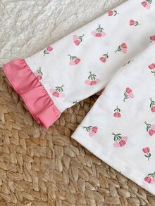 SHEIN Baby Girl Floral Print Button Top And Lace Trim Pants Loungewear 2 Pieces Set - Pink - View 4