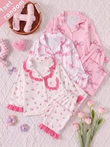 SHEIN Baby Girl Floral Print Button Top And Lace Trim Pants Loungewear 2 Pieces Set - Pink - View 1