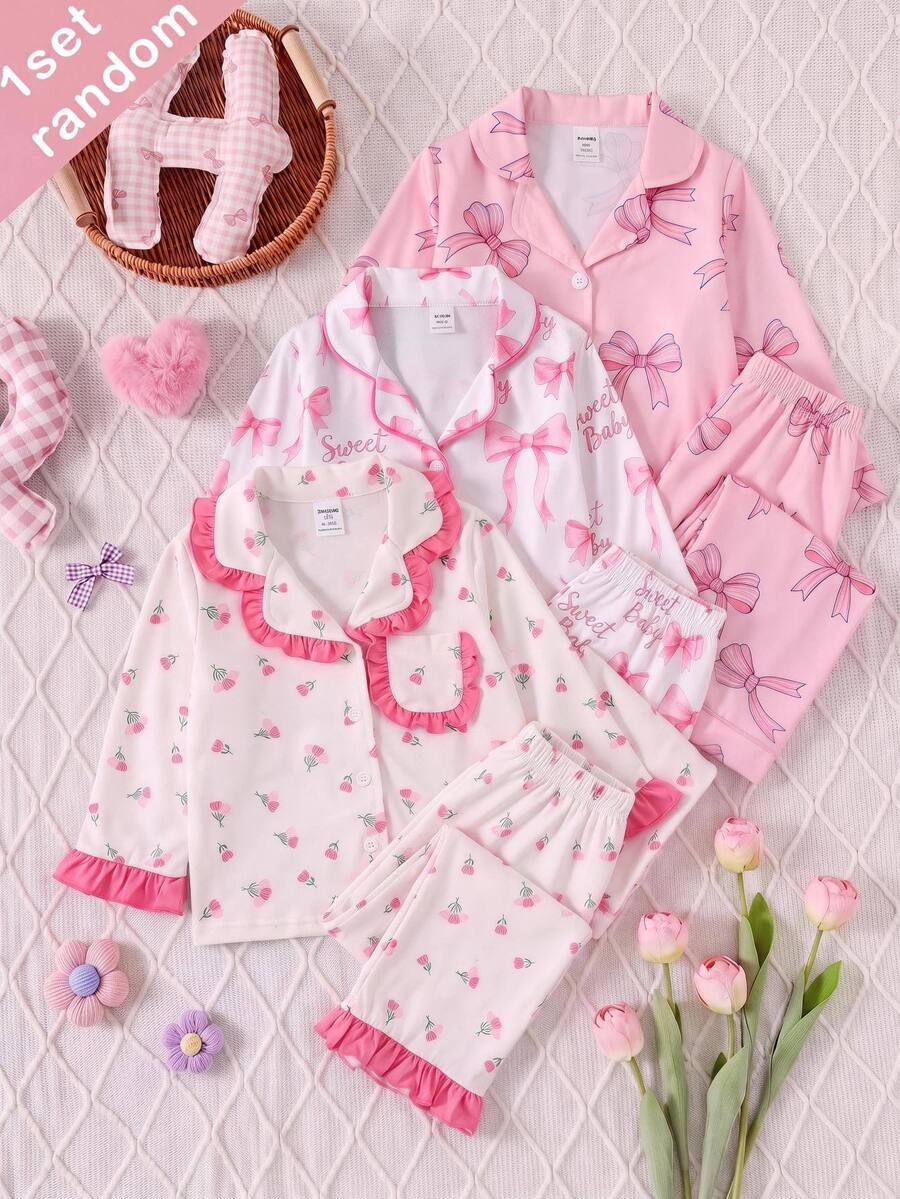 SHEIN Baby Girl Floral Print Button Top And Lace Trim Pants Loungewear 2 Pieces Set - Pink - View 1