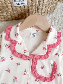 SHEIN Baby Girl Floral Print Button Top And Lace Trim Pants Loungewear 2 Pieces Set - Pink - View 3