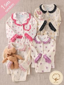 SHEIN Baby Girl Floral Print Button Top And Lace Trim Pants Loungewear 2 Pieces Set - Pink - View 5