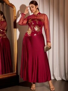 Cravure Plus Size Women's Elegant Party Wedding Evening Birthday Banquet Burgundy 3D Floral Chinese Style Dress Fall New Year - Burgundy - View 7