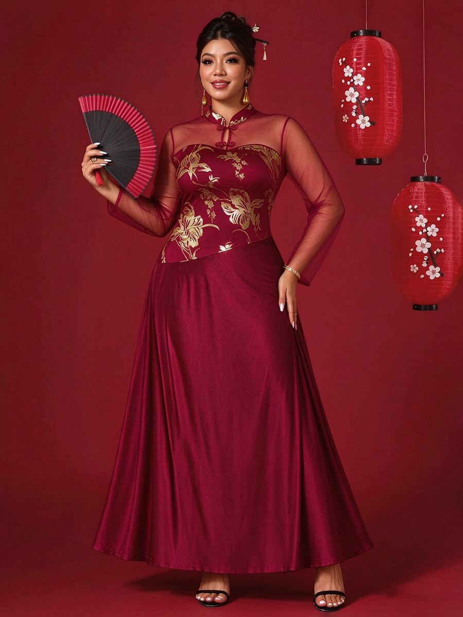 Cravure Plus Size Women's Elegant Party Wedding Evening Birthday Banquet Burgundy 3D Floral Chinese Style Dress Fall New Year - Burgundy - View 1