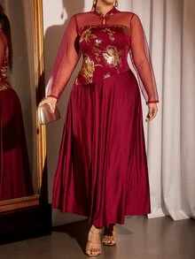 Cravure Plus Size Women's Elegant Party Wedding Evening Birthday Banquet Burgundy 3D Floral Chinese Style Dress Fall New Year - Burgundy - View 5