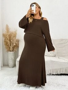 Plussiva طقم كاجوال من قطعتين للحوامل مقاس كبير، فستان بلون سادة ولباس علوي بأكمام طويلة - بني - مشاهدة 11