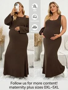 Plussiva طقم كاجوال من قطعتين للحوامل مقاس كبير، فستان بلون سادة ولباس علوي بأكمام طويلة - بني - مشاهدة 10