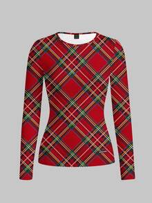 TaskEZ Casual Minimalist Christmas Element Christmas Plaid Print Pattern 3 Pieces Long Sleeve Base Layer T-Shirts, Women's Workwear Base Layer T-Shirts, Comfortable Base Layer T-Shirts, Solid Color Round Neck Long Sleeve Minimalist Uniform Tops, Suitable For Commuting, Office, Pet Hospital - Multicolor - View 3