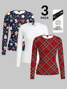 TaskEZ Casual Minimalist Christmas Element Christmas Plaid Print Pattern 3 Pieces Long Sleeve Base Layer T-Shirts, Women's Workwear Base Layer T-Shirts, Comfortable Base Layer T-Shirts, Solid Color Round Neck Long Sleeve Minimalist Uniform Tops, Suitable For Commuting, Office, Pet Hospital - Multicolor - View 1
