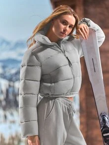 GLOWMODE Après-Ski Satin Puffer Jacket With Stand-Up Collar, Adjustable Hem & Fleece-Lined Pockets Fall Winter Ski Snow Wear - Grey - View 1