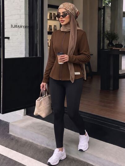 Solavon Women's Black Long Sleeve Modest Slim Fit Zip Up Sports Jacket, Sportswear, Stand Collar, Soft, Stretchy, Casual, Gym, Outdoor, Everyday